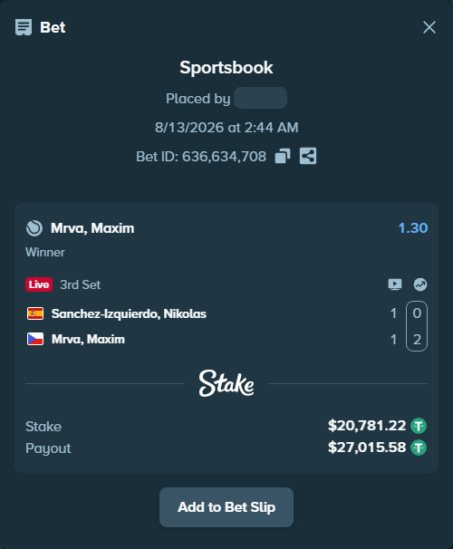 Bet slip: Sanchez Izquierdo, Nikolas - Mrva, Maxim, $20,802.00 stake at 1.30 odds, placed by diomancy