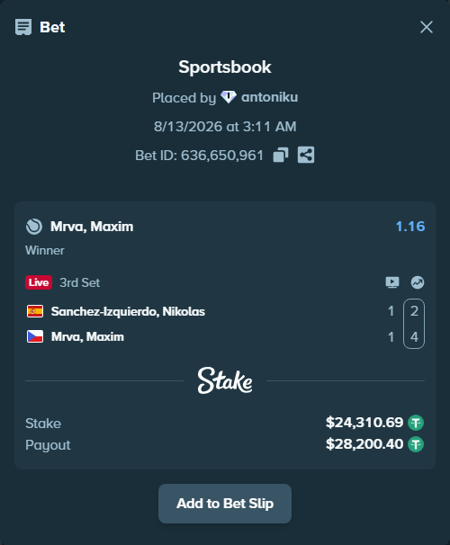 Bet slip: Sanchez Izquierdo, Nikolas - Mrva, Maxim, $24,335.00 stake at 1.16 odds, placed by antoniku