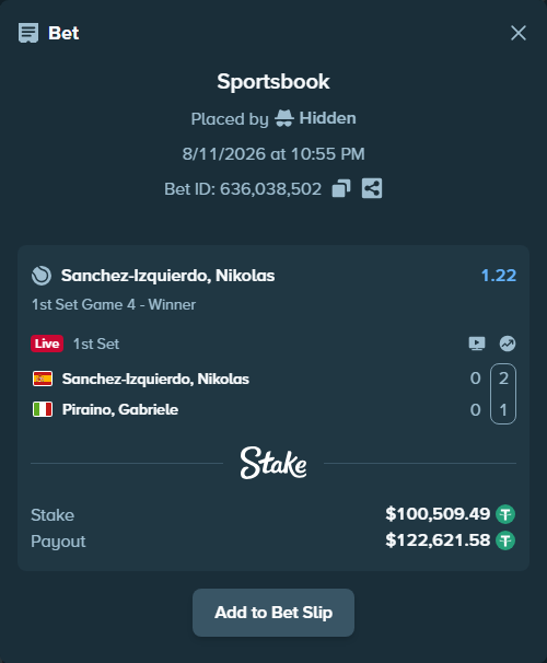 Bet slip: Sanchez Izquierdo, Nikolas - Piraino, Gabriele, $100,610.00 stake at 1.22 odds, placed by Hidden