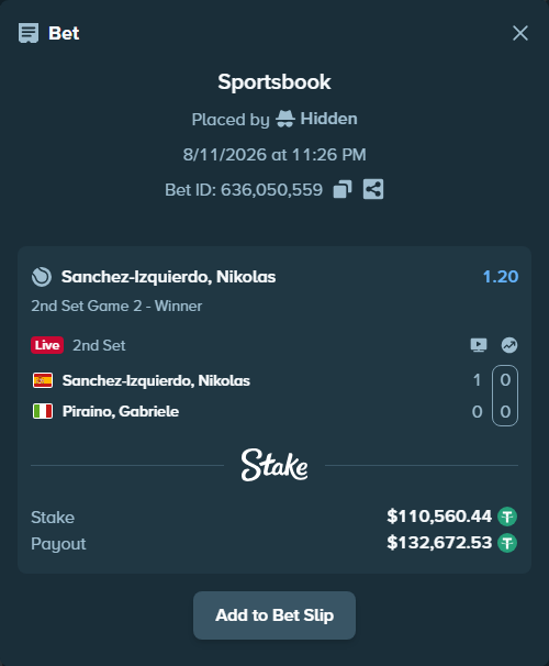 Bet slip: Sanchez Izquierdo, Nikolas - Piraino, Gabriele, $110,671.00 stake at 1.20 odds, placed by Hidden