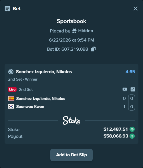 Bet slip: Sanchez Izquierdo, Nikolas - Soonwoo Kwon, $12,500.00 stake at 4.65 odds, placed by Hidden