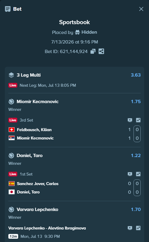 Bet slip: Sanchez Jover, Carlos - Daniel, Taro, $20,000.00 stake at 1.22 odds, placed by Hidden