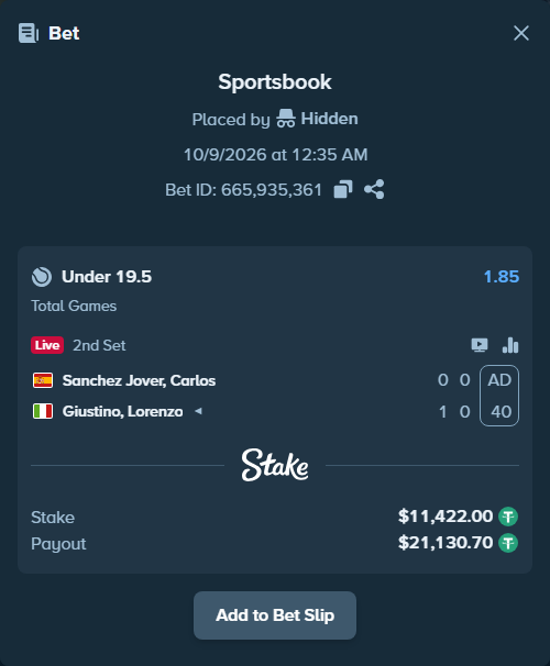 Bet slip: Sanchez Jover, Carlos - Giustino, Lorenzo, $11,422.00 stake at 1.85 odds, placed by itsreezyy