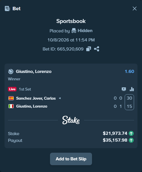 Bet slip: Sanchez Jover, Carlos - Giustino, Lorenzo, $21,973.74 stake at 1.60 odds, placed by itsreezyy