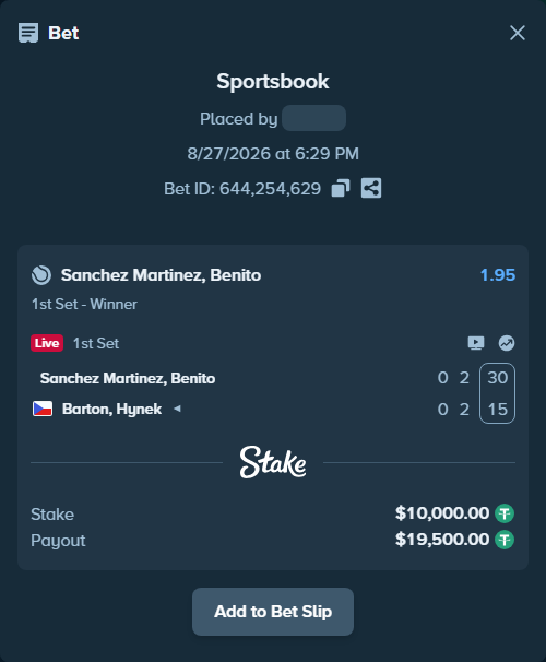 Bet slip: Sanchez Martinez, Benito - Barton, Hynek, $10,000.00 stake at 1.95 odds, placed by WinTr10