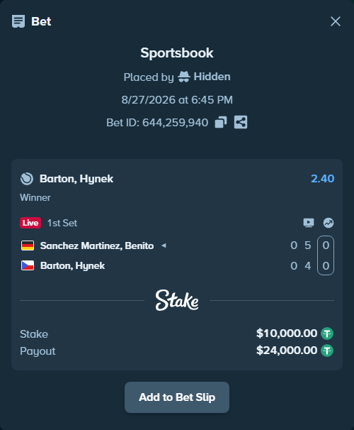 Bet slip: Sanchez Martinez, Benito - Barton, Hynek, $10,000.00 stake at 2.40 odds, placed by Hidden