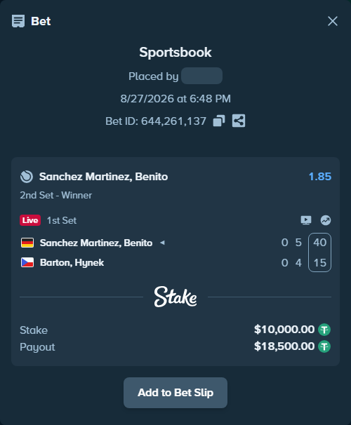 Bet slip: Sanchez Martinez, Benito - Barton, Hynek, $10,000.00 stake at 1.85 odds, placed by WinTr10