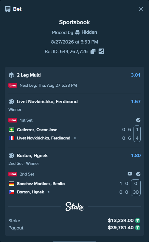 Bet slip: Sanchez Martinez, Benito - Barton, Hynek, $13,234.00 stake at 1.80 odds, placed by Hidden