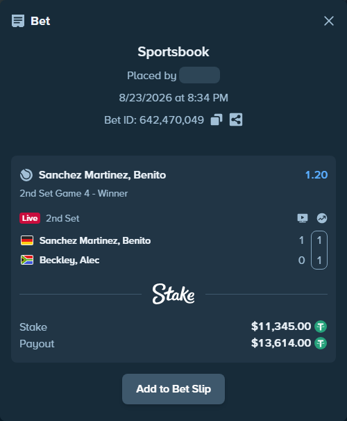 Bet slip: Sanchez Martinez, Benito - Beckley, Alec, $11,345.00 stake at 1.20 odds, placed by diomancy