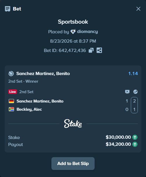 Bet slip: Sanchez Martinez, Benito - Beckley, Alec, $30,000.00 stake at 1.14 odds, placed by diomancy
