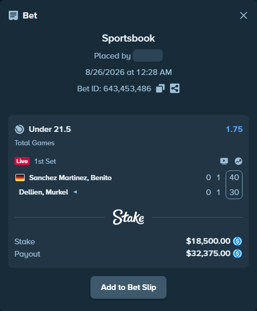 Bet slip: Sanchez Martinez, Benito - Dellien, Murkel, $18,500.00 stake at 1.75 odds, placed by privetmedvet15