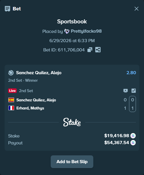 Bet slip: Sanchez Quilez, Alejo - Erhard, Mathys, $21,986.10 stake at 2.80 odds, placed by Prettylfacko98
