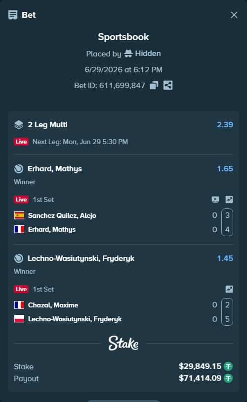 Bet slip: Sanchez Quilez, Alejo - Erhard, Mathys, $29,879.00 stake at 1.65 odds, placed by Hidden