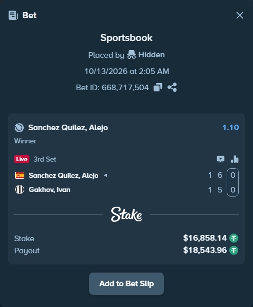 Bet slip: Sanchez Quilez, Alejo - Gakhov, Ivan, $16,875.00 stake at 1.10 odds, placed by diomancy
