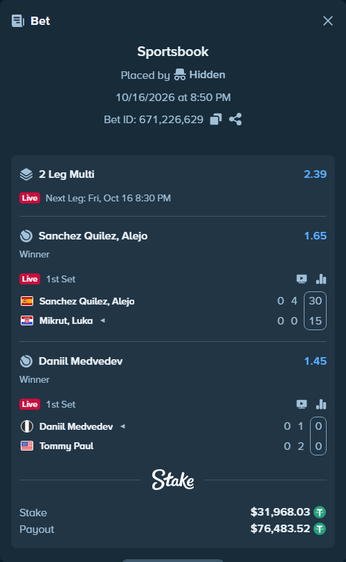 Bet slip: Sanchez Quilez, Alejo - Mikrut, Luka, $32,000.00 stake at 1.65 odds, placed by Hidden