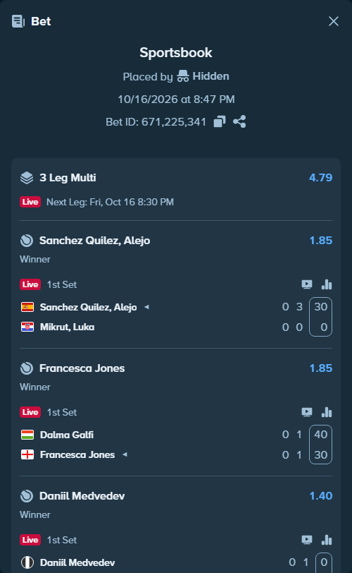 Bet slip: Sanchez Quilez, Alejo - Mikrut, Luka, $80,000.00 stake at 1.85 odds, placed by Hidden