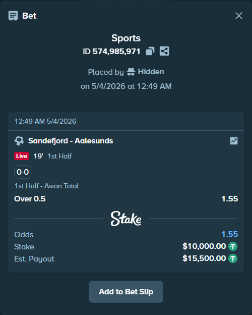 Bet slip: Sandefjord - Aalesunds, $10,000.00 stake at 1.55 odds, placed by Hidden