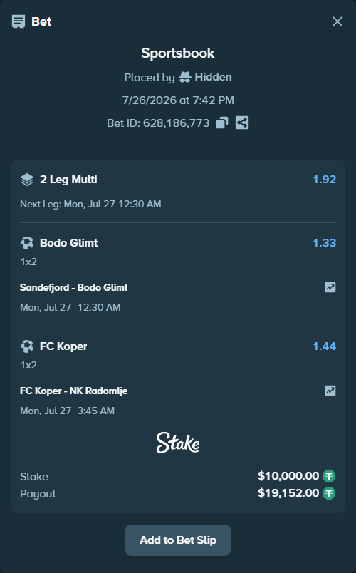 Bet slip: Sandefjord - Bodo Glimt, $10,000.00 stake at 1.33 odds, placed by Hidden