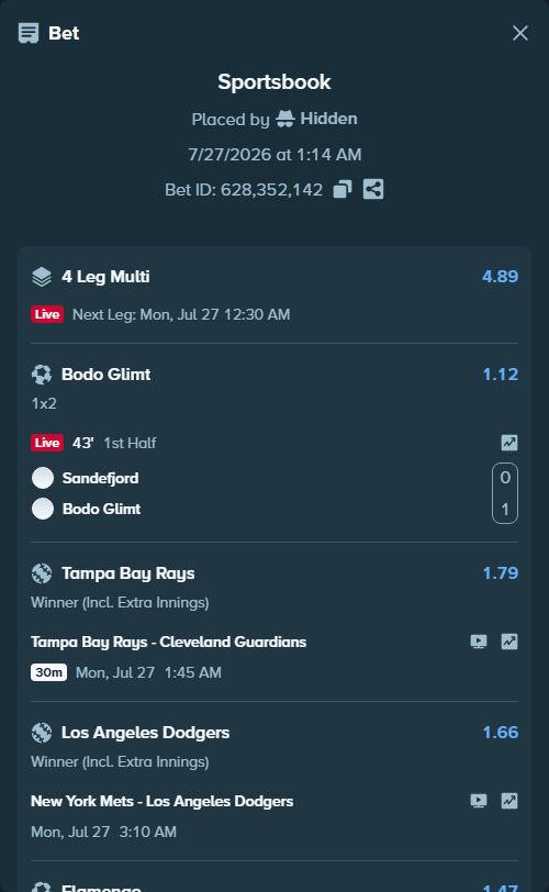 Bet slip: Sandefjord - Bodo Glimt, $10,336.38 stake at 1.12 odds, placed by Hidden