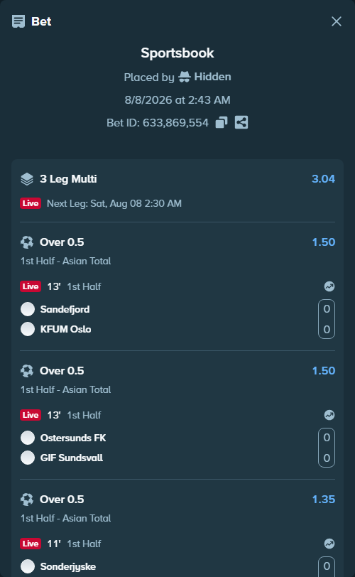 Bet slip: Sandefjord - KFUM Oslo, $14,526.44 stake at 1.50 odds, placed by Hidden
