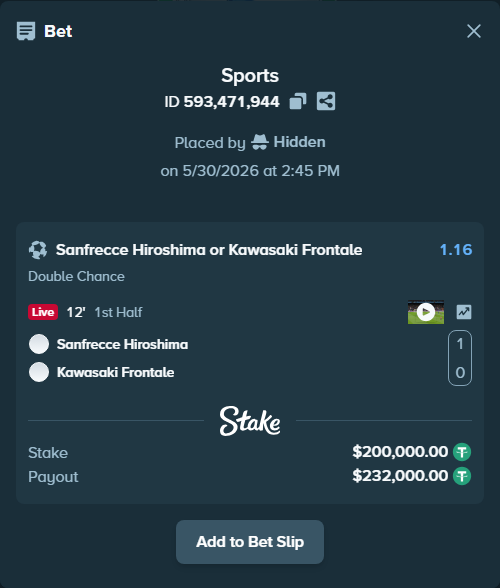 Bet slip: Sanfrecce Hiroshima - Kawasaki Frontale, $200,200.00 stake at 1.16 odds, placed by Hidden