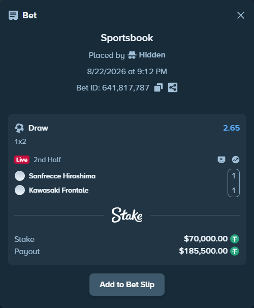 Bet slip: Sanfrecce Hiroshima - Kawasaki Frontale, $70,000.00 stake at 2.65 odds, placed by Hidden