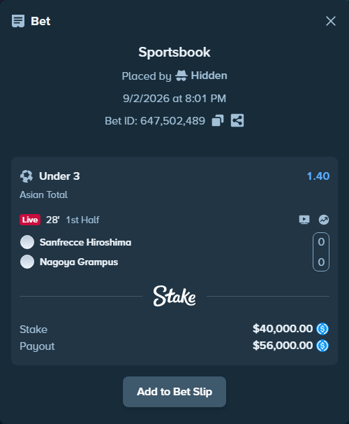 Bet slip: Sanfrecce Hiroshima - Nagoya Grampus, $40,000.00 stake at 1.40 odds, placed by Hidden