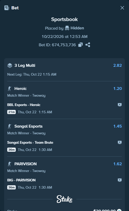 Bet slip: Sangal Esports - Team Brute, $20,339.03 stake at 1.45 odds, placed by Hidden