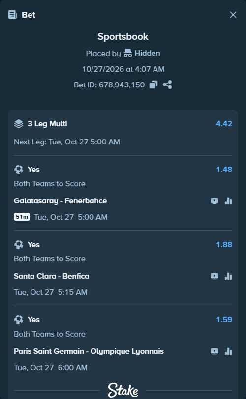 Bet slip: Santa Clara - Benfica, $50,000.00 stake at 1.88 odds, placed by Hidden