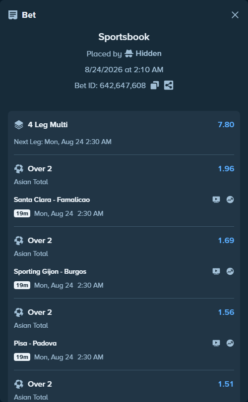 Bet slip: Santa Clara - Famalicao, $100,000.00 stake at 1.96 odds, placed by Hidden