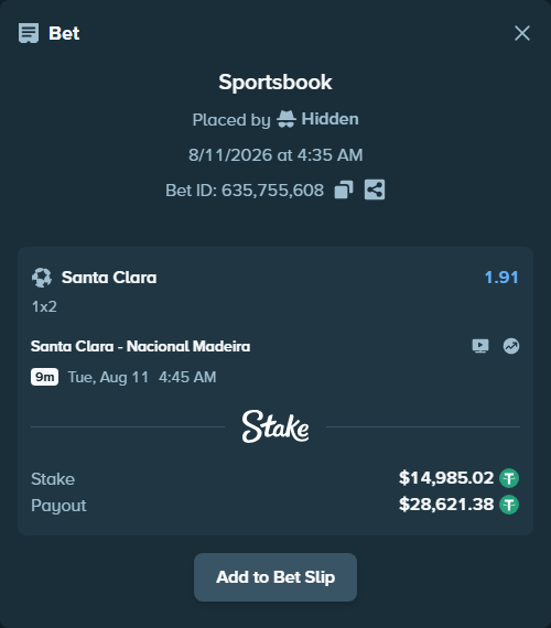 Bet slip: Santa Clara - Nacional Madeira, $15,000.00 stake at 1.91 odds, placed by Hidden