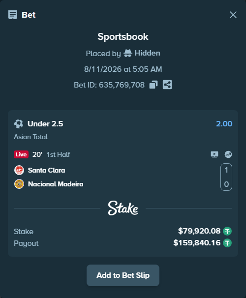 Bet slip: Santa Clara - Nacional Madeira, $80,000.00 stake at 2.00 odds, placed by Hidden