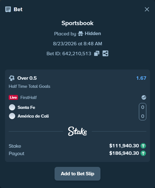 Bet slip: Santa Fe - América de Cali, $111,929.11 stake at 1.67 odds, placed by Hidden