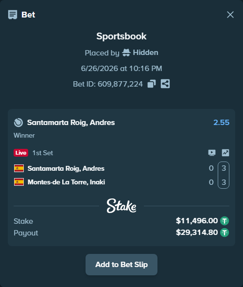 Bet slip: Santamarta Roig, Andres - Montes-de la Torre, Inaki, $11,507.50 stake at 2.55 odds, placed by Hidden