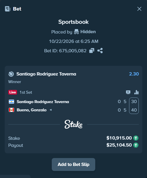 Bet slip: Santiago Rodriguez Taverna - Bueno, Gonzalo, $10,925.91 stake at 2.30 odds, placed by Hidden