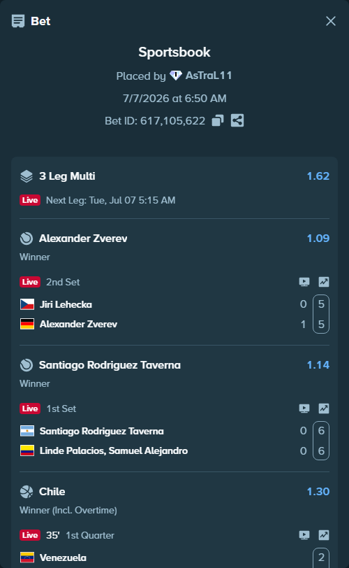 Bet slip: Santiago Rodriguez Taverna - Linde Palacios, Samuel Alejandro, $49,049.00 stake at 1.14 odds, placed by AsTraL11