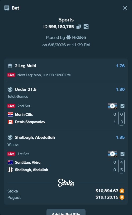 Bet slip: Santillan, Akira - Shelbayh, Abdullah, $11,045.46 stake at 1.35 odds, placed by Hidden