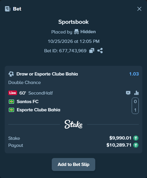 Bet slip: Santos - Bahia, $10,000.00 stake at 1.03 odds, placed by 365028219