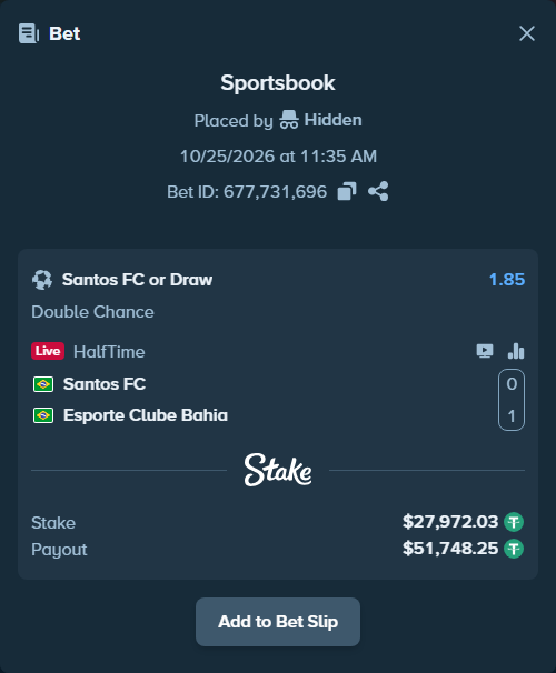 Bet slip: Santos - Bahia, $28,000.00 stake at 1.85 odds, placed by Hidden