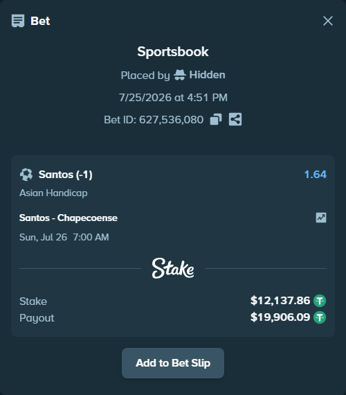 Bet slip: Santos - Chapecoense, $12,150.00 stake at 1.64 odds, placed by Hidden
