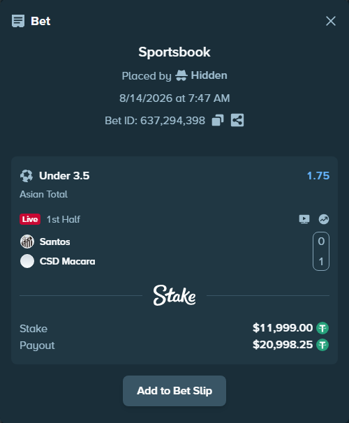 Bet slip: Santos - CSD Macara, $12,011.00 stake at 1.75 odds, placed by Hidden