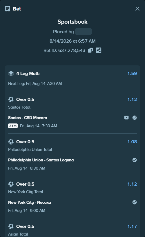 Bet slip: Santos - CSD Macara, $29,000.00 stake at 1.12 odds, placed by SH7N28