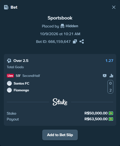 Bet slip: Santos - Flamengo, $10,000.00 stake at 1.27 odds, placed by DOUGLASR19