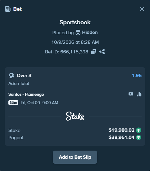 Bet slip: Santos - Flamengo, $20,000.00 stake at 1.95 odds, placed by tlwns4736