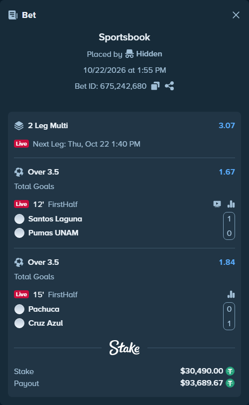 Bet slip: Santos Laguna - Pumas UNAM, $30,520.49 stake at 1.67 odds, placed by Hidden
