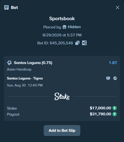 Bet slip: Santos Laguna - Tigres, $17,000.00 stake at 1.87 odds, placed by Hidden
