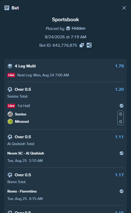 Bet slip: Santos - Mirassol, $10,000.00 stake at 1.20 odds, placed by Hidden