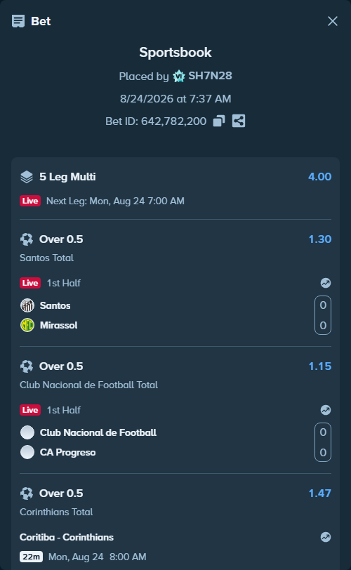 Bet slip: Santos - Mirassol, $10,000.00 stake at 1.30 odds, placed by SH7N28