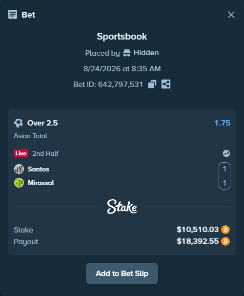 Bet slip: Santos - Mirassol, $10,508.98 stake at 1.75 odds, placed by Hidden