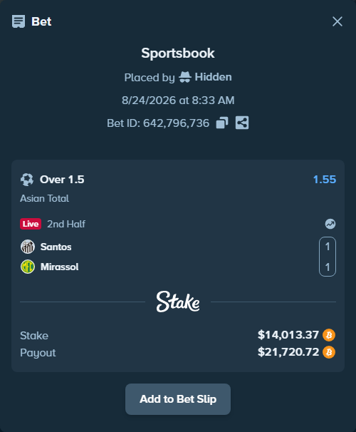Bet slip: Santos - Mirassol, $14,011.97 stake at 1.55 odds, placed by Hidden